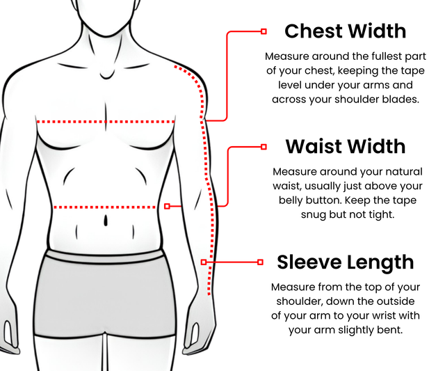 How to measure chest, waist and sleeve length for the Stoney Creek ThermoFlex clothing size chart.